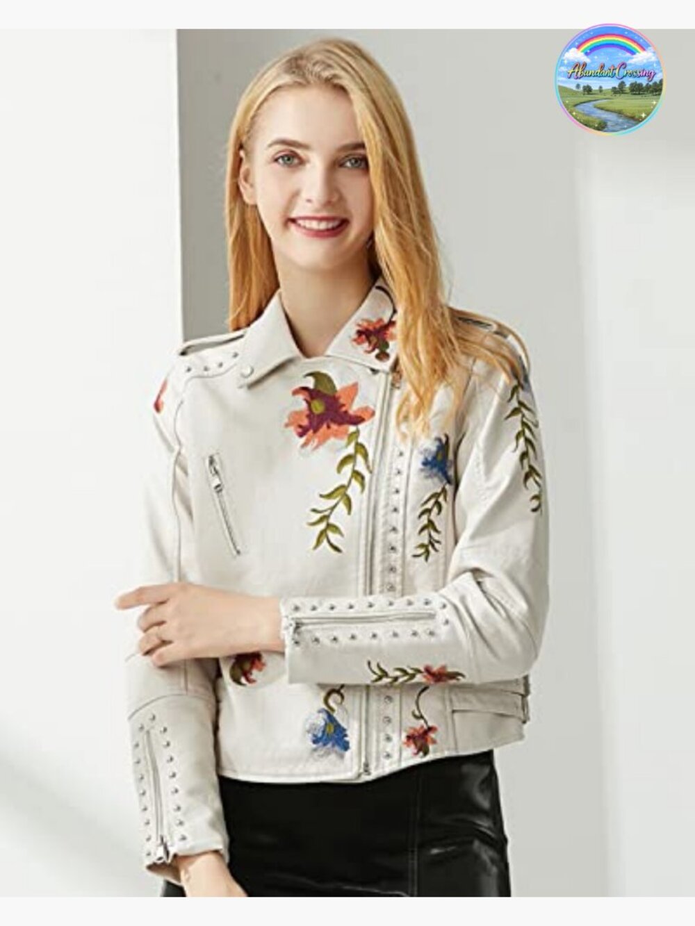 Embroidered Studded Faux Leather Moto Jacket Floral Punk Coat - Picture 3 of 6